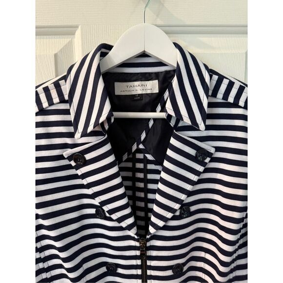 Tahari Navy & White Stripe Peplum Zip Up Origami Collar Jacket Blazer sz 12 NWOT - Picture 6 of 9